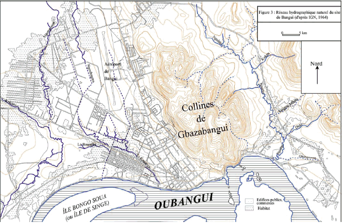 Figure 3 Réseau hydrographique « naturel » du site de Bangui (d’après IGN, 1964, modifiée)