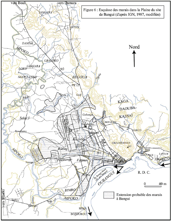 Figure 6 Esquisse des marais dans la plaine du site de Bangui (d’après IGN, 1987, modifiée)