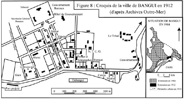 Figure 8 Croquis de la ville de Bangui en 1912 (Archives d’Outre-Mer, par BOULVERT, 1989, modifiée)