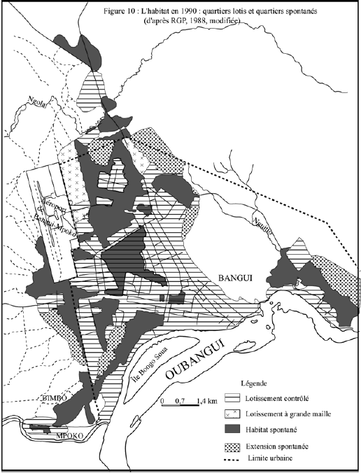 Figure 10 Habitat n 1990 : quartiers lotis et quartiers spontanés (d’après RGP, 1988, modifiée)