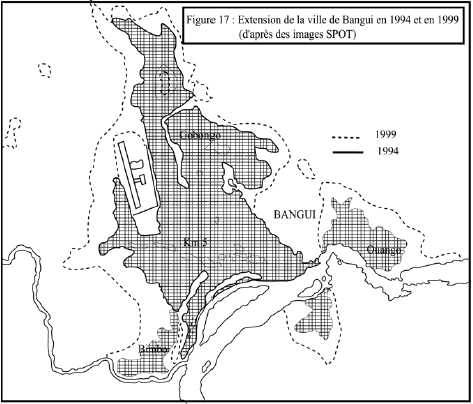 Figure 17 Extension de la ville de Bangui en 1994 et en 1999 (d’après les images SPOT)