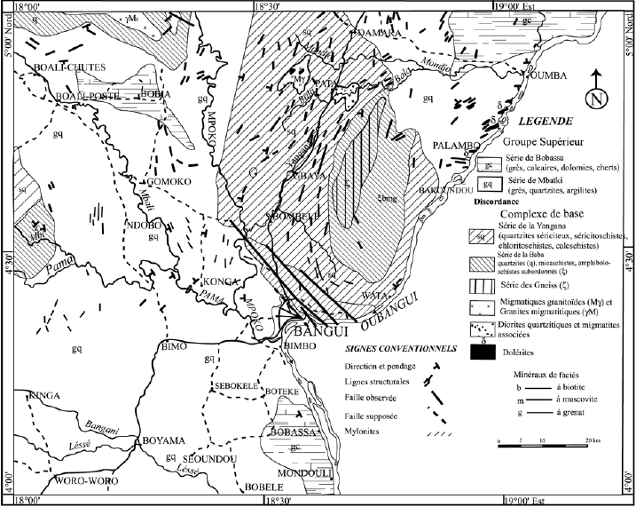 Figure 23 Carte géologique de la région de Bangui (d’après WACRENIER et WOLFF, 1964, modifiée)