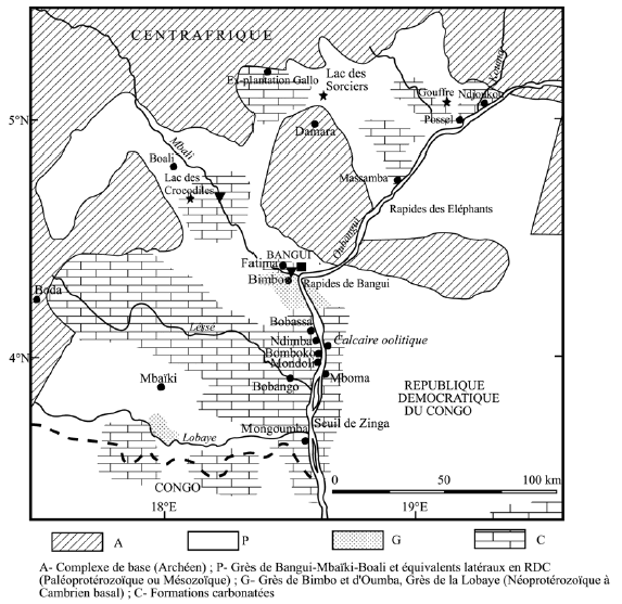 Figure 27 Formations carbonatées précambriennes des environs de Bangui (d’après ALVAREZ, 2000, modifiée, selon BOULVERT, 2001, par comm.orale)