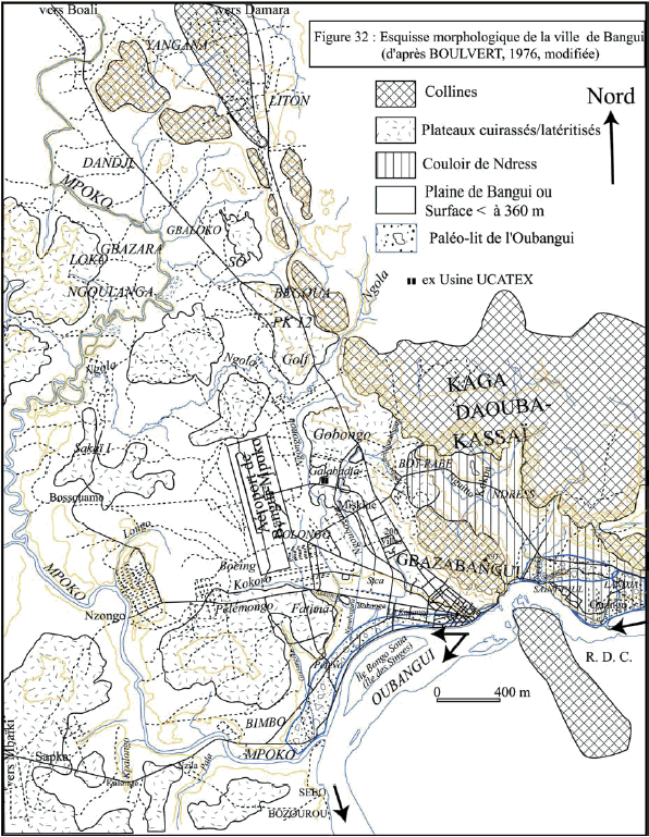 Figure 32 Esquisse morphologique de la ville de Bangui (d’après BOULVERT, 1976, modifiée)