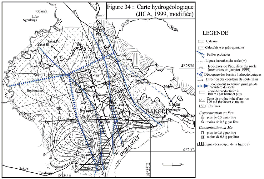 Figure 34 Carte hydrogéologique de la ville de Bangui (JICA, 1999 b)
