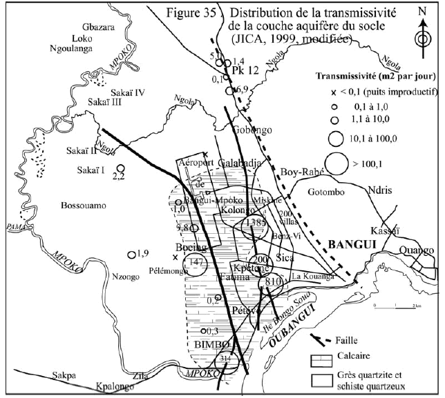 Figure 35 Distribution de la transmissivité de la couche aquifère du socle (JICA, 1999, modifiée)