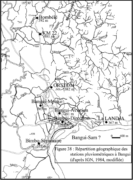 Figure 38 Répartition géographique des stations pluviométriques à Bangui (d’après IGN, 1984, modifiée)