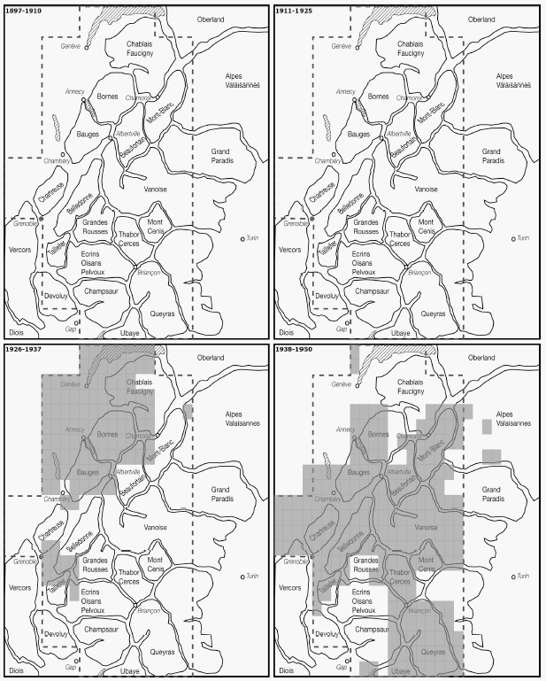 Carte 13 : Répartition des levés photographiques aériens du service officiel dans les Alpes du nord, 1897-1950.