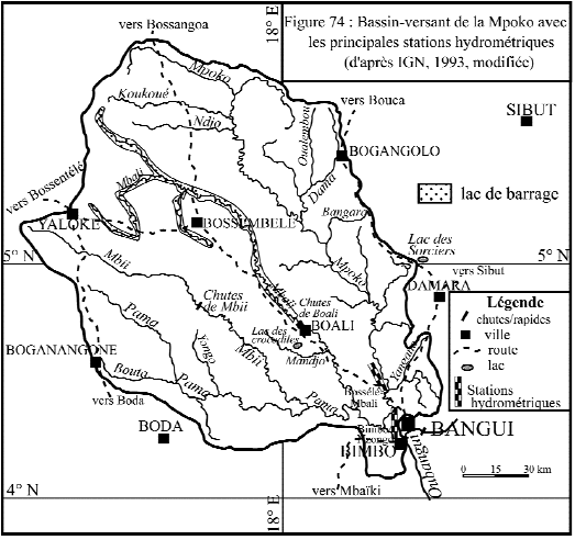 Figure 74 Bassin-versant de la Mpoko avec les principales stations hydrométriques 