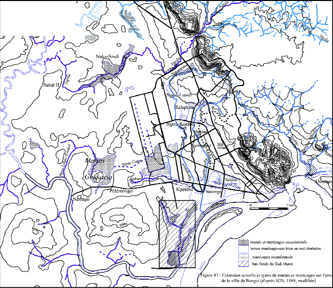 Figure 93 Extension actuelle et types de marais et marécages sur l’aire de la ville de Bangui (d’après IGN, 1988, modifiée)
