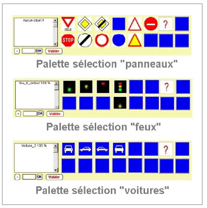 Figure 100 : Exemples de palettes graphiques (panneaux,feux, voitures)