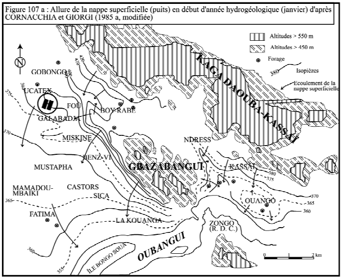 Figure 107a) Allure de la nappe superficielle en début de l’année hydrologique à partir des puits traditionnels à Bangui (CORNACCHIA et GIORGI, 1985 a, modifiée)