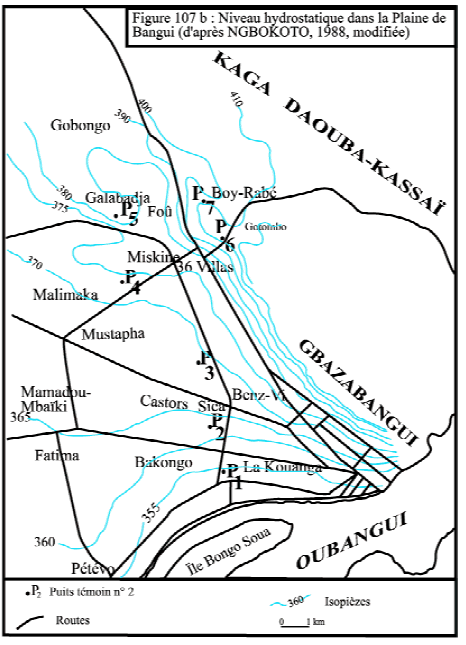 Figure 107 b) Niveau hydrostatique dans la Plaine de Bangui à l’Ouest des Collines de Gbazabangui (NGBOKOTO, 1988, modifiée)