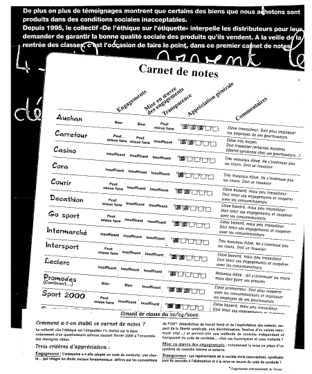 Document 19 : Pour l'Ecole, consommons éthique : Carnet de notes des hypermarchés