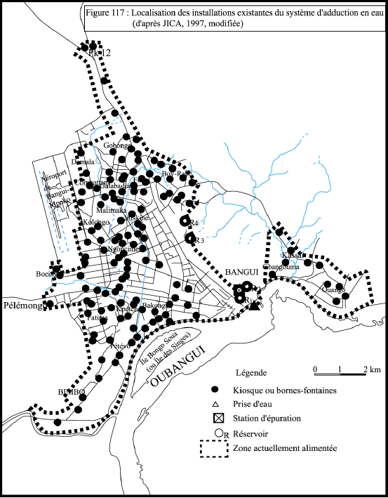 Figures 117 Localisation des installations existantes du système d’adduction en eau (JICA, 1997, modifiée)
