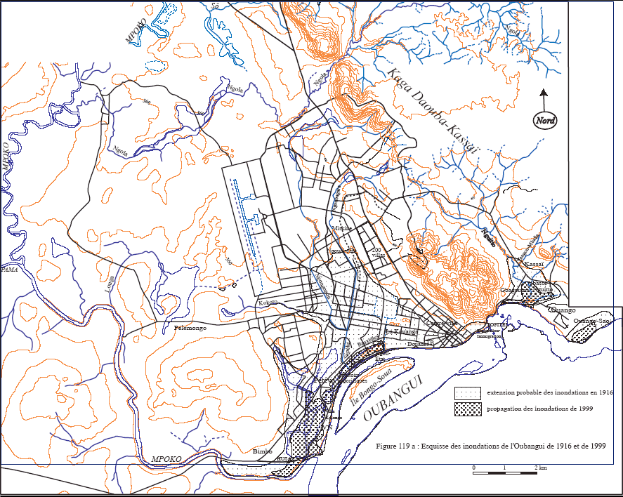 Figure 119 a) Esquisse des inondations de 1916 et de 1999 