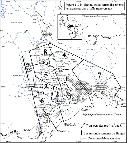 Figure 119 b) Quelques profils transversaux de l’Oubangui à Bangui simulés/adaptés aux inondations de 1916, 1961 et 1999