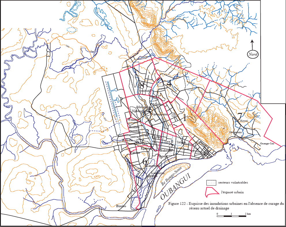 Figure 122 Esquisse des inondations urbaines en l’absence de curage du réseau actuel de drainage