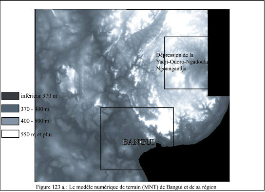 Figure 123a)– Le modèle numérique de terrain (mnt) de Bangui et de sa région ;