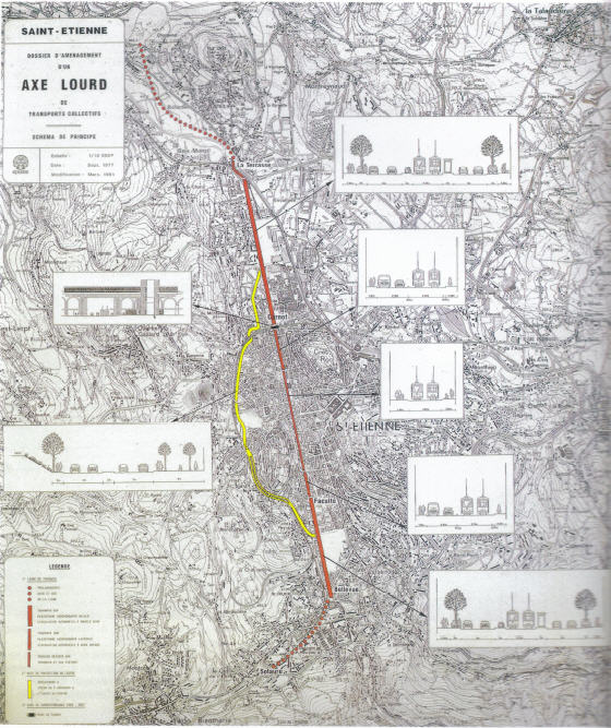Illustration 28 : « Une rue, un tram » : carte du projet de modernisation de « l’axe lourd » que constitue le tramway stéphanois, épine dorsale de la « ville linéaire industrielle » que constitue Saint-Etienne. 