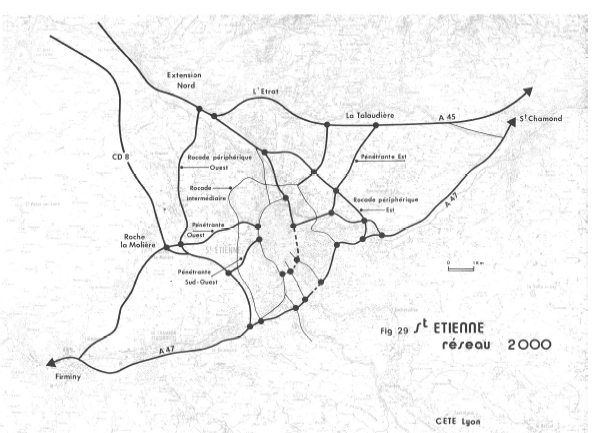 Illustration 27 : Carte du réseau routier rapide envisagé en 2000 par l’Epit en 1973. L’idéologie de « ville cellulaire » (cf. chapitre 1) enserrée à l’intérieur des mailles dessinées par les voies rapides urbaines transparait clairement 