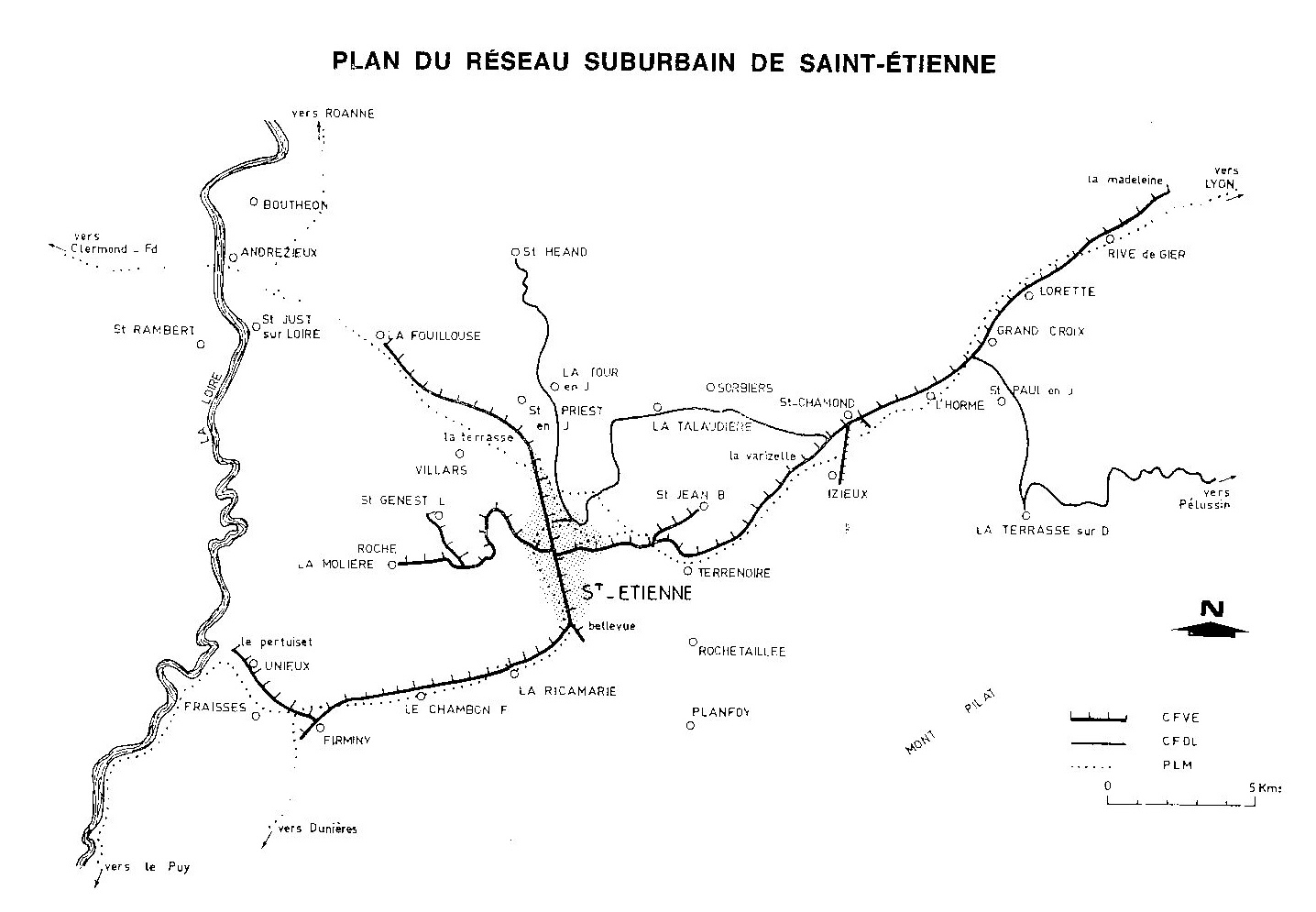 Illustration 39 : Carte du réseau ferroviaire de la région stéphanoise à son apogée, dans les années 1920. 