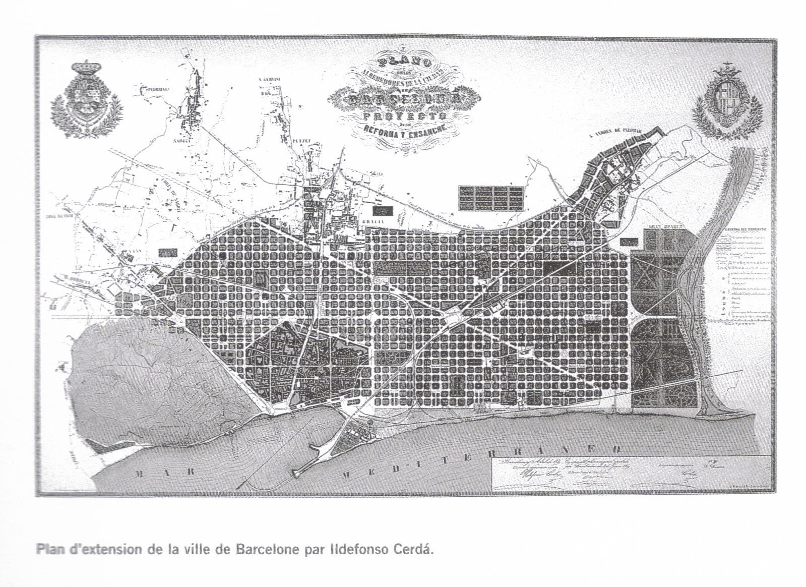 Illustration 19 : Plan d’extension de Barcelone par Ildefonso Cerdà, tel qu’il fut présenté publiquement en octobre 1859 (in Cerdà, réédition 2005, p. 14)