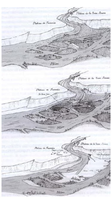 Fig. 9. La métamorphose du site alluvial de Lyon. De haut en bas : à la fin du Ier Age du Fer, autour de notre ère et à la fin du 1