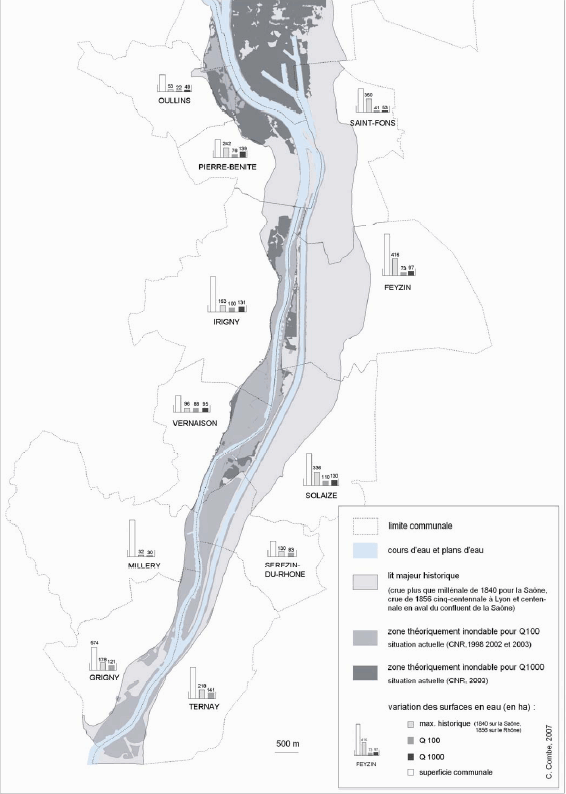Fig. 62. Evolution des superficies inondables au sud de Lyon depuis 150 ans.