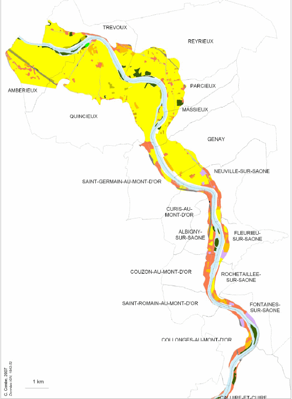 Fig. 37. Carte des enjeux situés en lit majeur dans le Val de Saône lyonnais vers 1950.