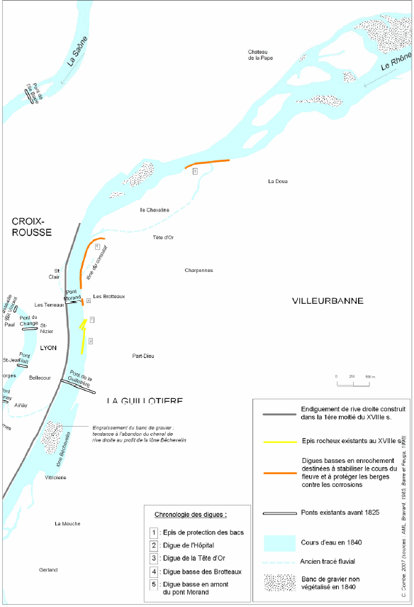 Fig. 23. Carte des prémices de l’endiguement de la rive gauche du Rhône : les premières digues basses.