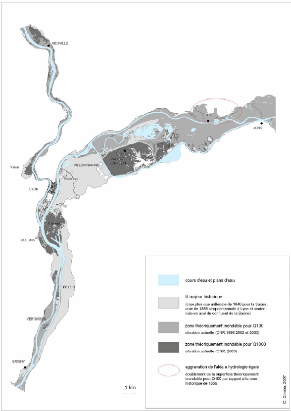 Fig. 51. Evolution générale des zones inondables dans le « Y lyonnais » depuis 150 ans.