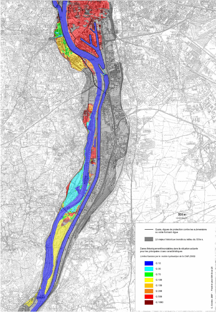 Fig. 63. Zones théoriquement inondables par débordement direct à l’aval de Lyon dans la situation actuelle. 