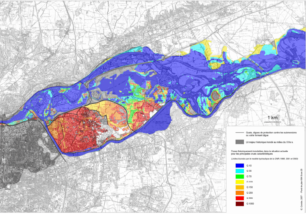 Fig. 60. Zones théoriquement inondables par débordement direct à l’amont de Lyon dans la situation actuelle. 