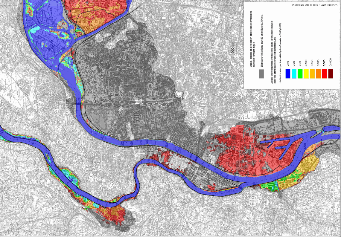 Fig. 53. Zones théoriquement inondables par débordement direct au sein du cœur urbain dans la situation actuelle. 