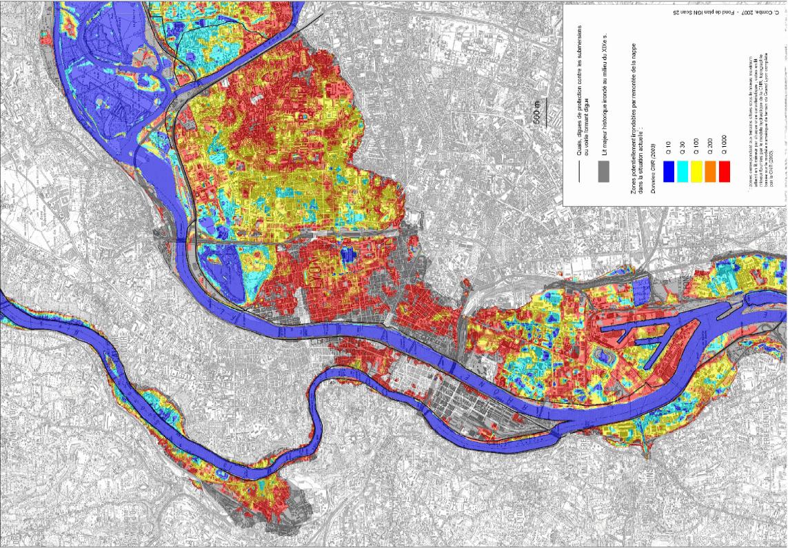 Fig. 54. Zones potentiellement soumises aux crues de la nappe dans le cœur urbain. 