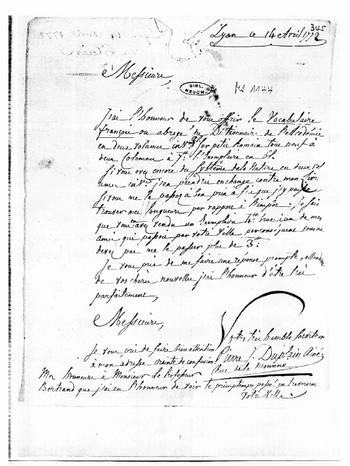 Lettre de Pierre-Jacques Duplain à la STN, 14 avril 1772, STN, ms 1144, folio 345