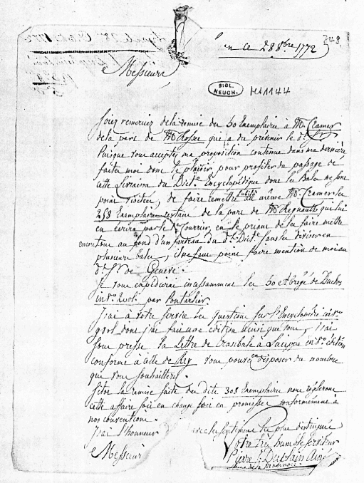 Lettre de Pierre-Jacques Duplain à la STN, 28 octobre 1772, STN, ms 1144, folio 348