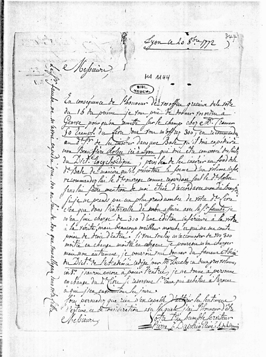 Lettre de Pierre-Jacques Duplain à la STN, 20 octobre 1772, STN, ms 1144, folio 347