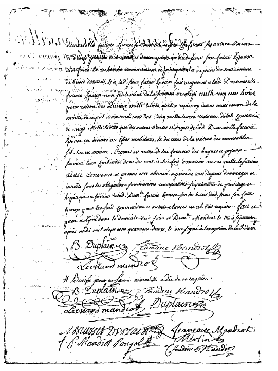 Copie d’acte : Signatures au cours du mariage Benoît Duplain et Claudine Mandiot, 3 septembre 1742 - ADR, 3