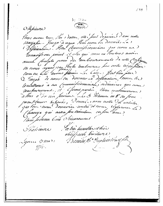 Lettre de Benoît et Joseph Duplain à la STN, 3 mars 1774, STN, ms 1144, folio 188