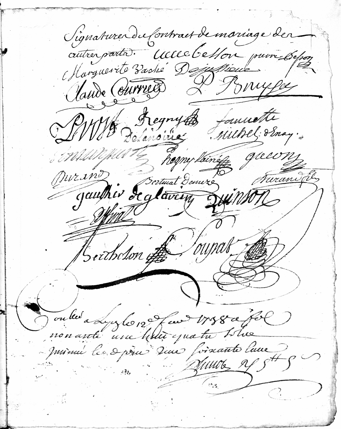 Copie d’acte : Signatures au cours du mariage de Joseph Duplain et de Catherine-Sophie Terrasse, 11 mars 1777, AML, 1GG205