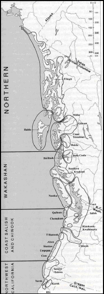 Carte VI. Aire culturelle de la Côte nord-ouest. Les quatre sous-aires culturelles proposées par Philip Drucker.
