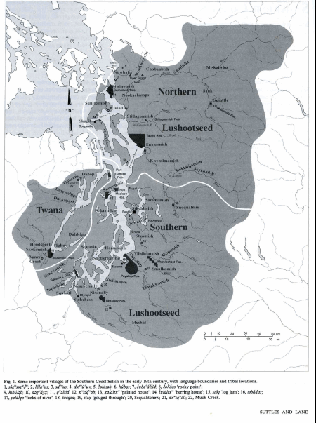 Carte VIII. Quelques villages importants de la côte salish sud au début de 19ème siècle, avec les frontières linguistiques et les localités tribales.
