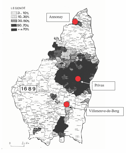 Carte 3 : la répartition de la population réformée en Vivarais au XVII