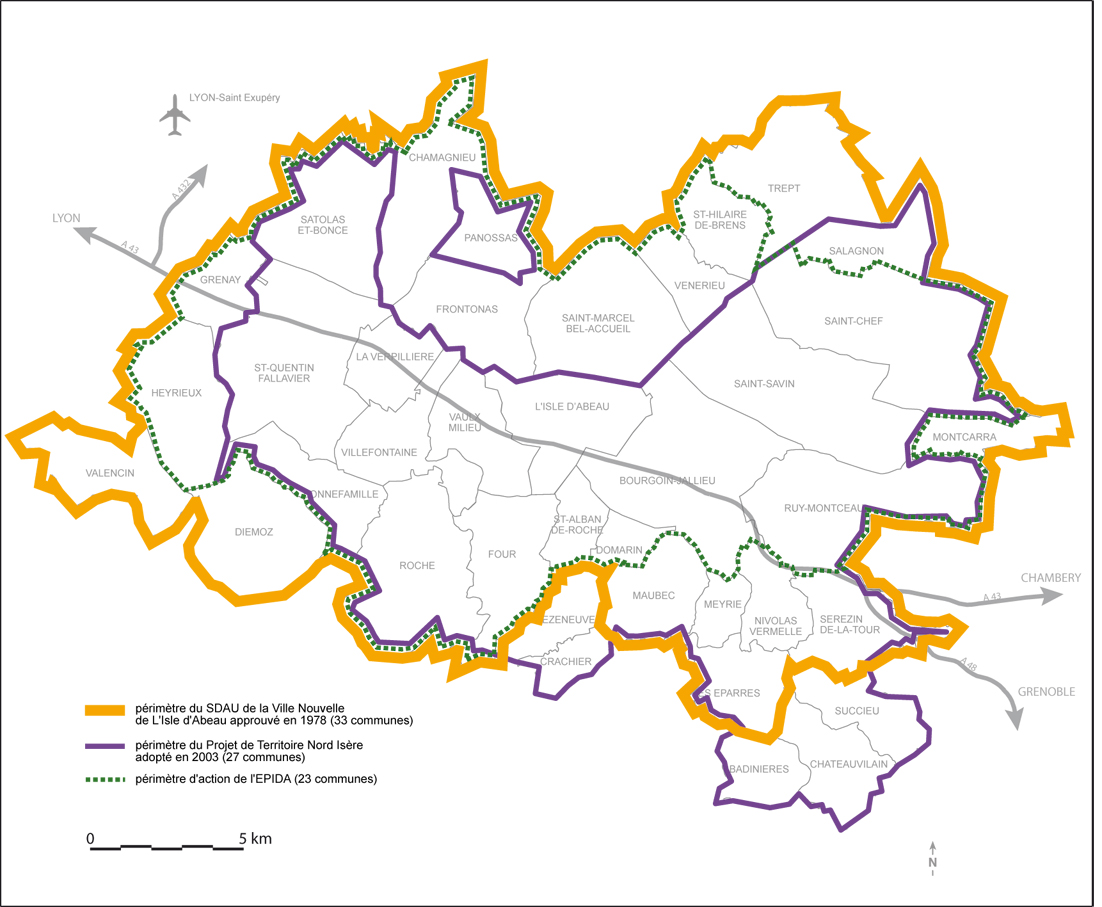 Carte n°2 : SDAU de la ville nouvelle, Projet de territoire Nord-Isère, et Etablissement public d’aménagement : des périmètres pratiquement équivalents