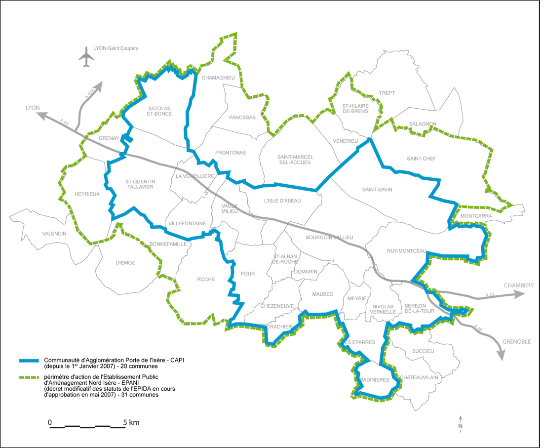 Carte n°3 : Deux nouveaux périmètres d’action en 2007 : la communauté d’agglomération Porte de l’Isère (CAPI) et l’Etablissement Public d’Aménagement Nord-Isère (EPANI)