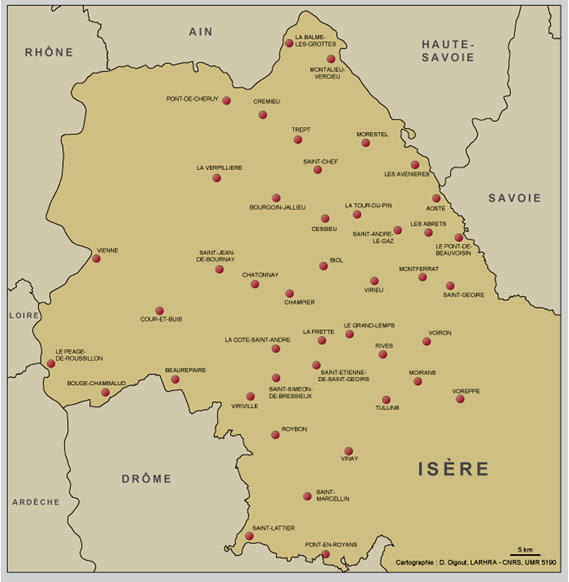 Carte 11-Les bureaux de poste dans le Bas-Dauphiné,vers 1870. Le vide au Nord-ouest du département s’explique par l’absence d’informations sur ces cantons, rattachés au département du Rhône en 1852.