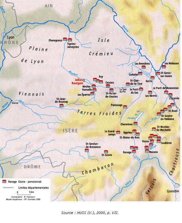 Carte 13–Les usines-pensionnats en Bas-Dauphiné à la fin du XIX