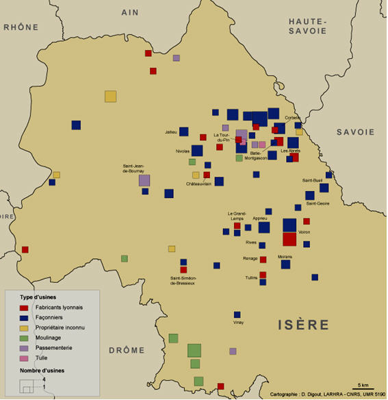 Carte 15–Le tissage de soieries en Bas-Dauphiné à la fin du XIX